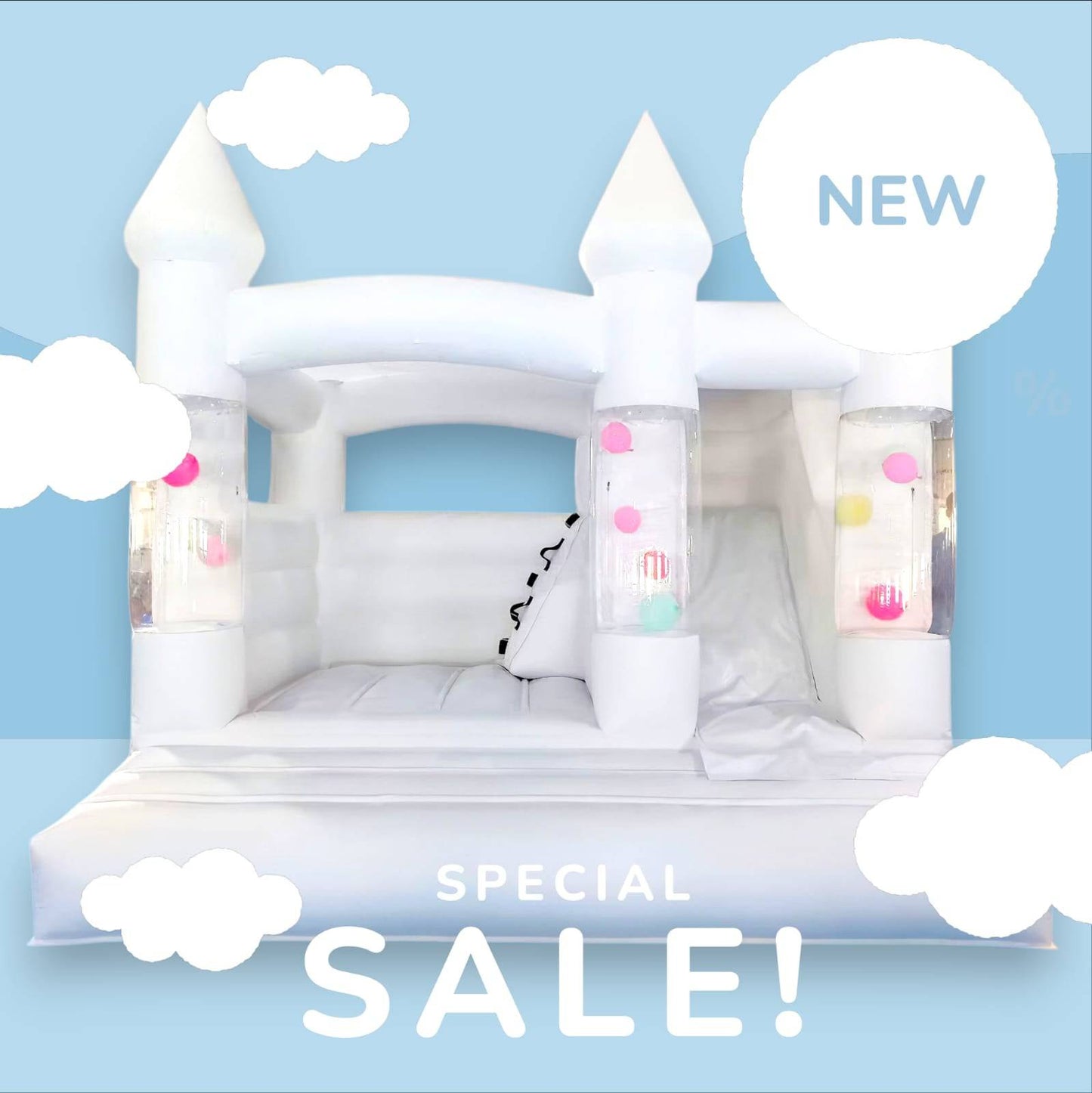 White balloon pillar castle with slide and ballpit, perfect for kids' parties, by Aura Luxury Rental Ltd.
