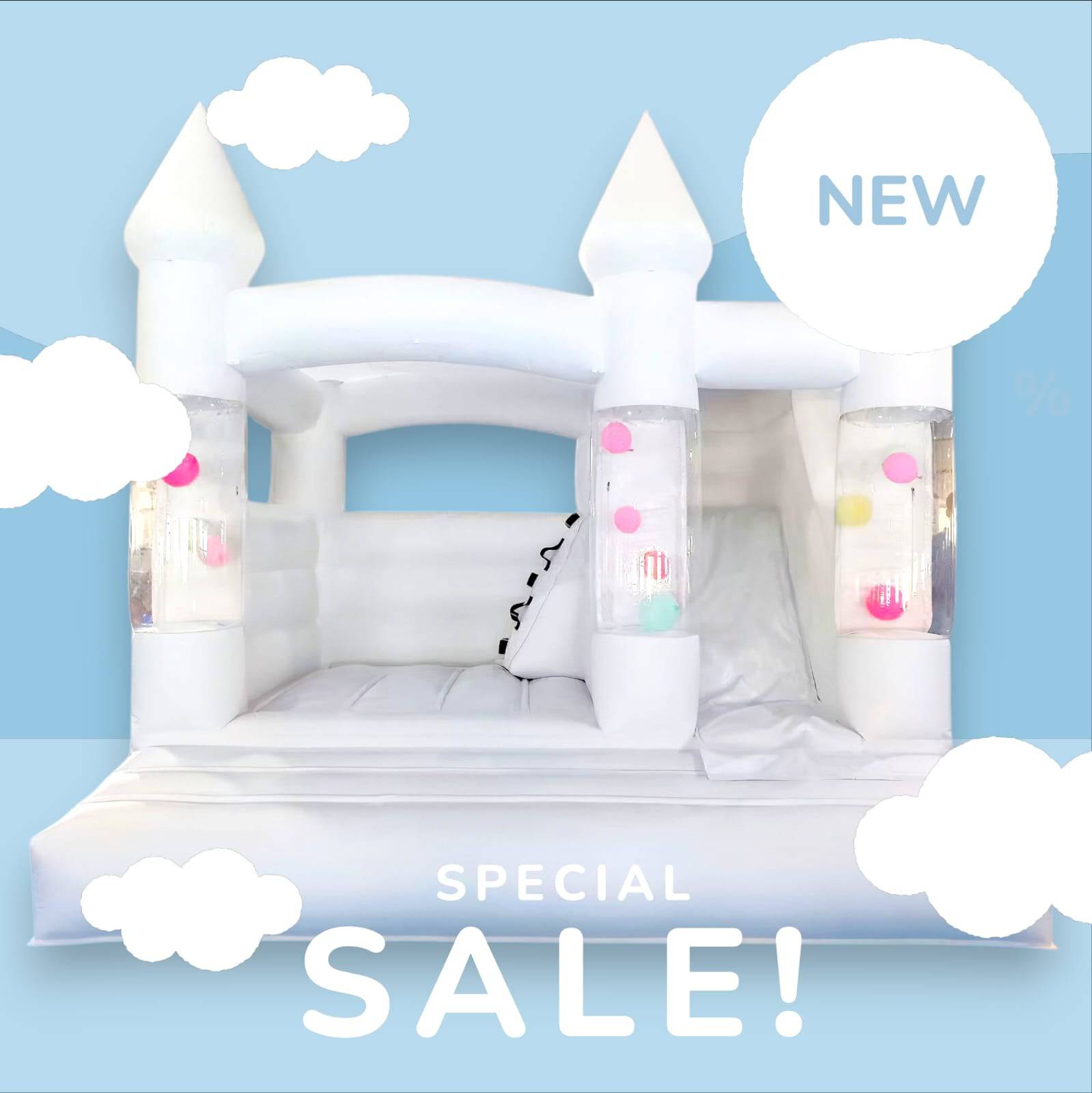 White balloon pillar castle with slide and ballpit, perfect for kids' parties, by Aura Luxury Rental Ltd.