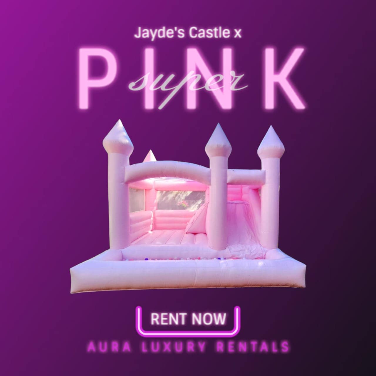 Pink princess castle bounce house with ball pit, featuring castle turrets and vibrant colors, designed for kids' outdoor play.
