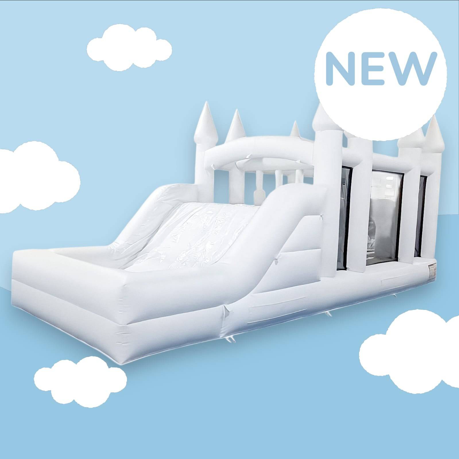 Colorful obstacle course with a ball pit and waterslide from Aura Luxury Rental Ltd, designed for kids' outdoor play and fun.