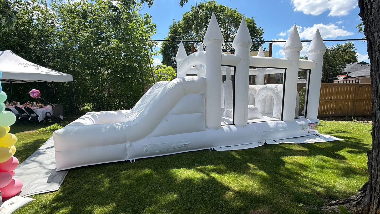 Colorful obstacle course with ball pit and waterslide from Aura Luxury Rental Ltd, featuring vibrant slides, climbing areas, and play zones.
